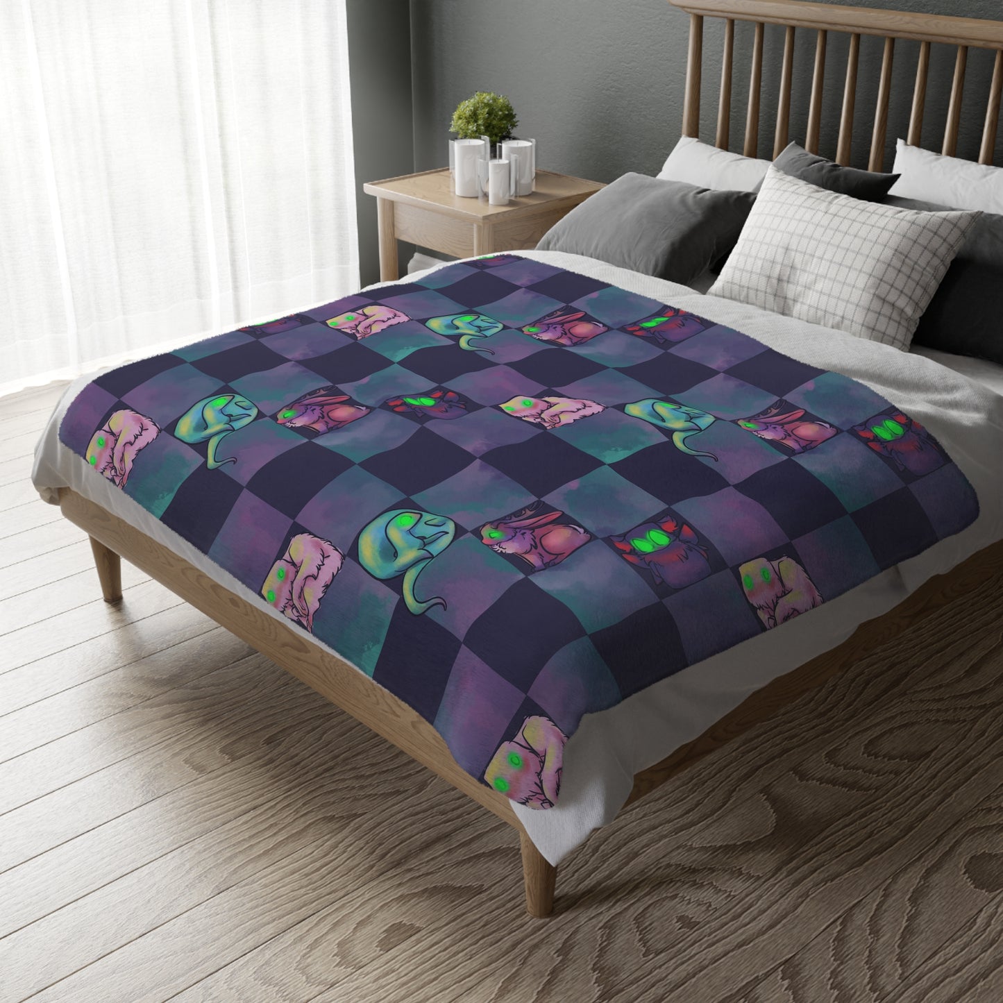 Cryptid Check with Swirls Velveteen Microfiber Blanket