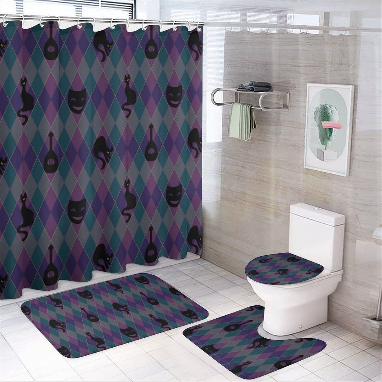 Catty Troubadour Shower Curtain Set with 3 Rugs