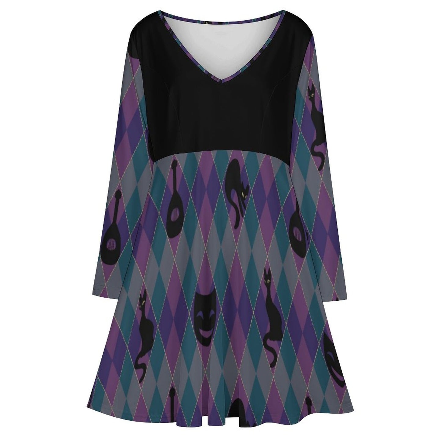 Catty Troubadour Oversized V-neck Long Sleeve Dress B829 (All-Over Printing)