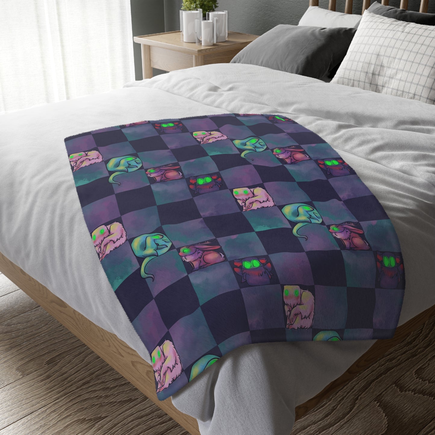 Cryptid Check with Swirls Velveteen Microfiber Blanket