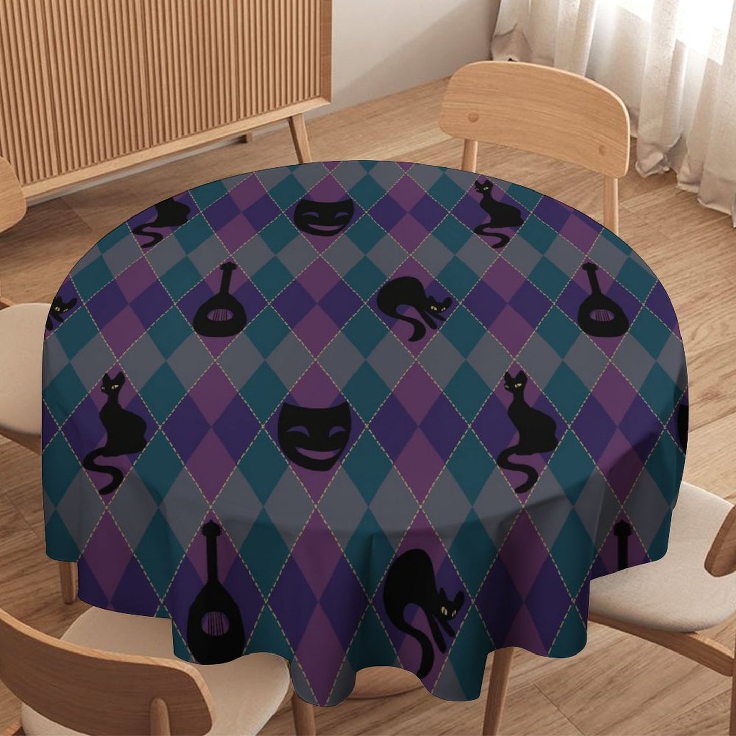 Catty Troubadour Round Tablecloth on Round Table