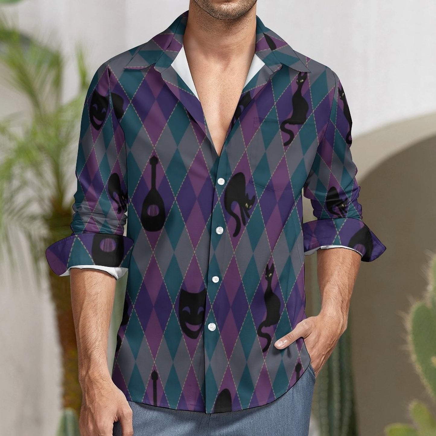 Catty Troubadour Men's Long Sleeve Shirt with Pocket LS (All-Over Printing)