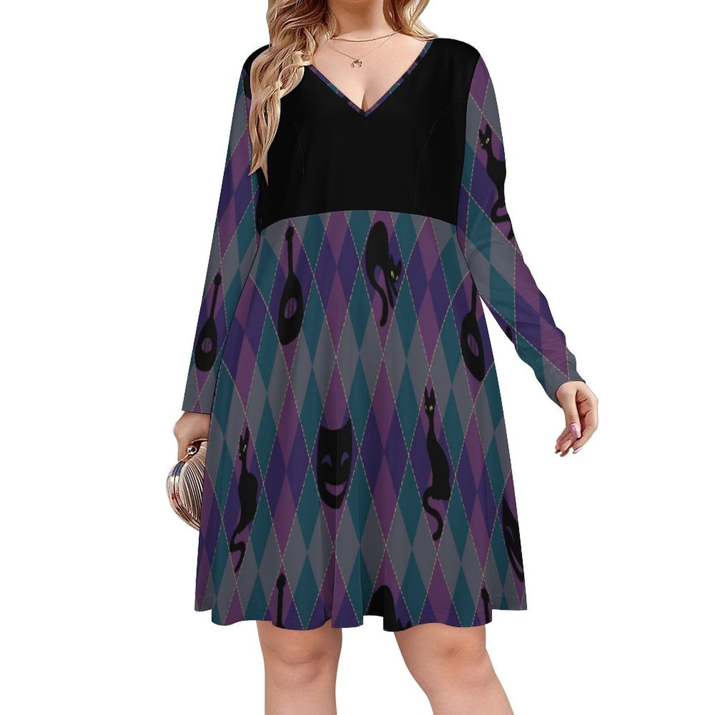 Catty Troubadour Oversized V-neck Long Sleeve Dress B829 (All-Over Printing)