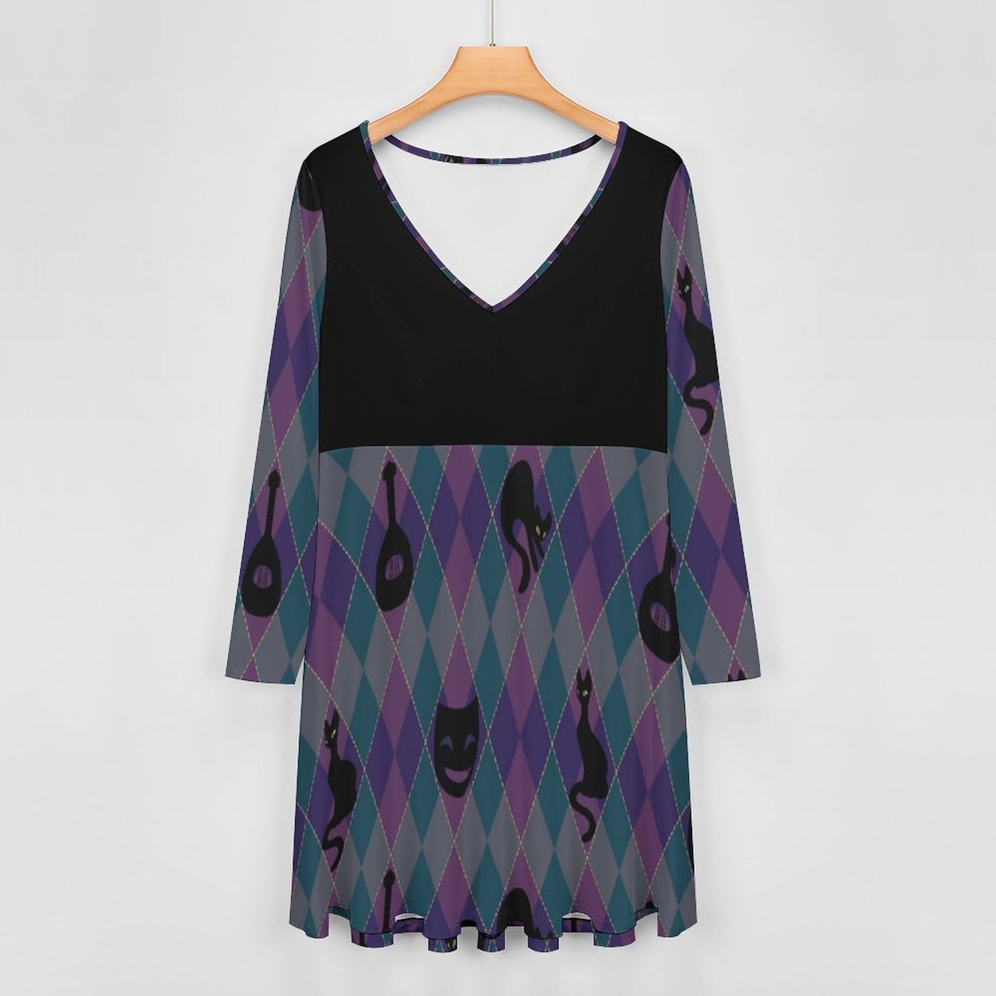 Catty Troubadour Oversized V-neck Long Sleeve Dress B829 (All-Over Printing)