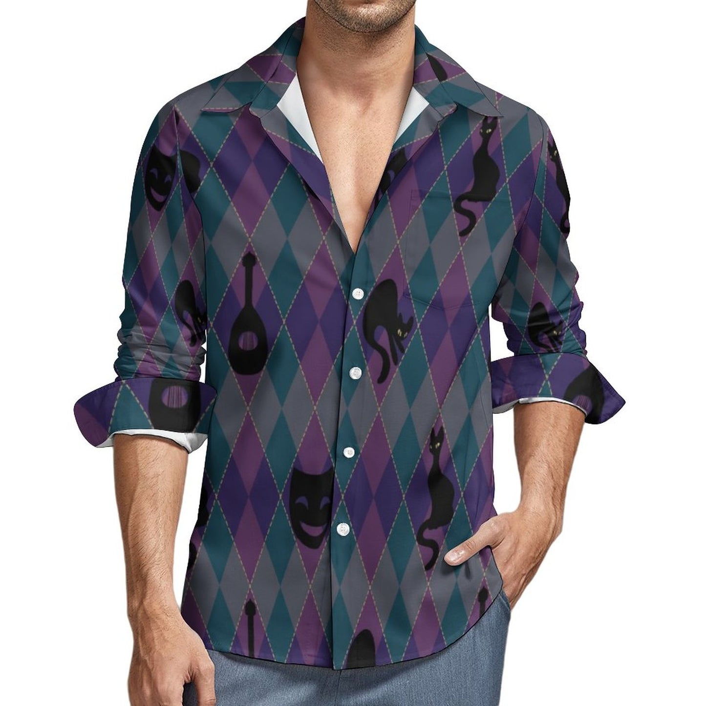 Catty Troubadour Men's Long Sleeve Shirt with Pocket LS (All-Over Printing)