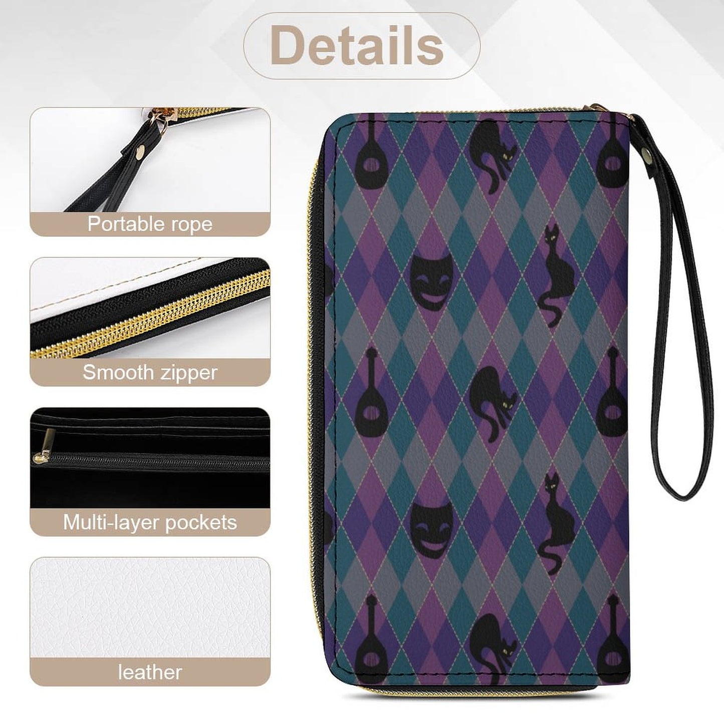 Catty Troubadour Leather Wallet with Wristlet Strap (2 Pictures on 2 Sides)