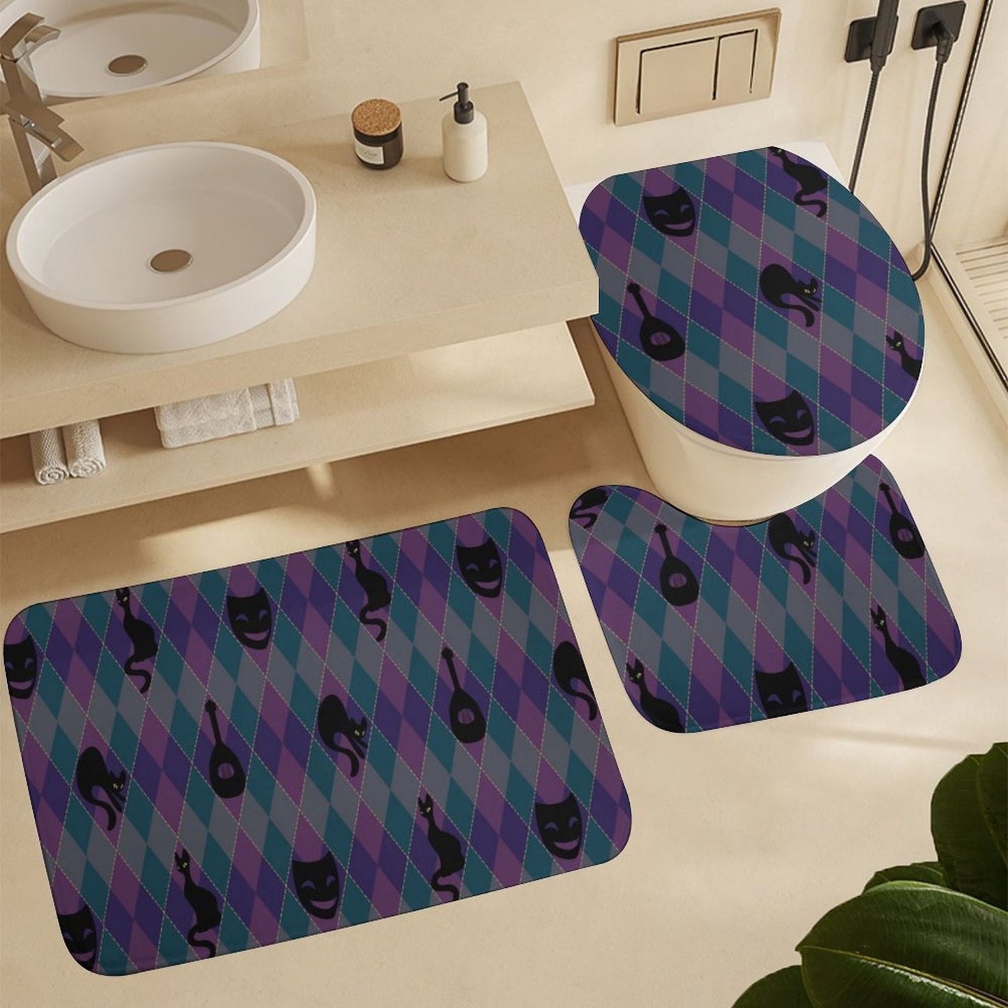 Catty Troubadour Shower Curtain Set with 3 Rugs